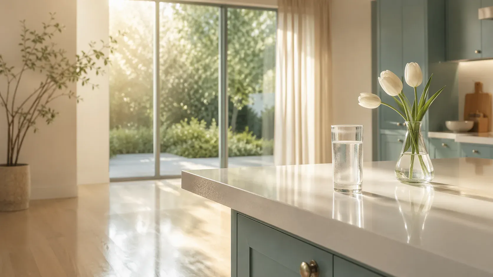 A sunlit modern kitchen with a polished quartz countertop, a single glass of water, and fresh white tulips by floor-to-ceiling glass doors opening to a garden