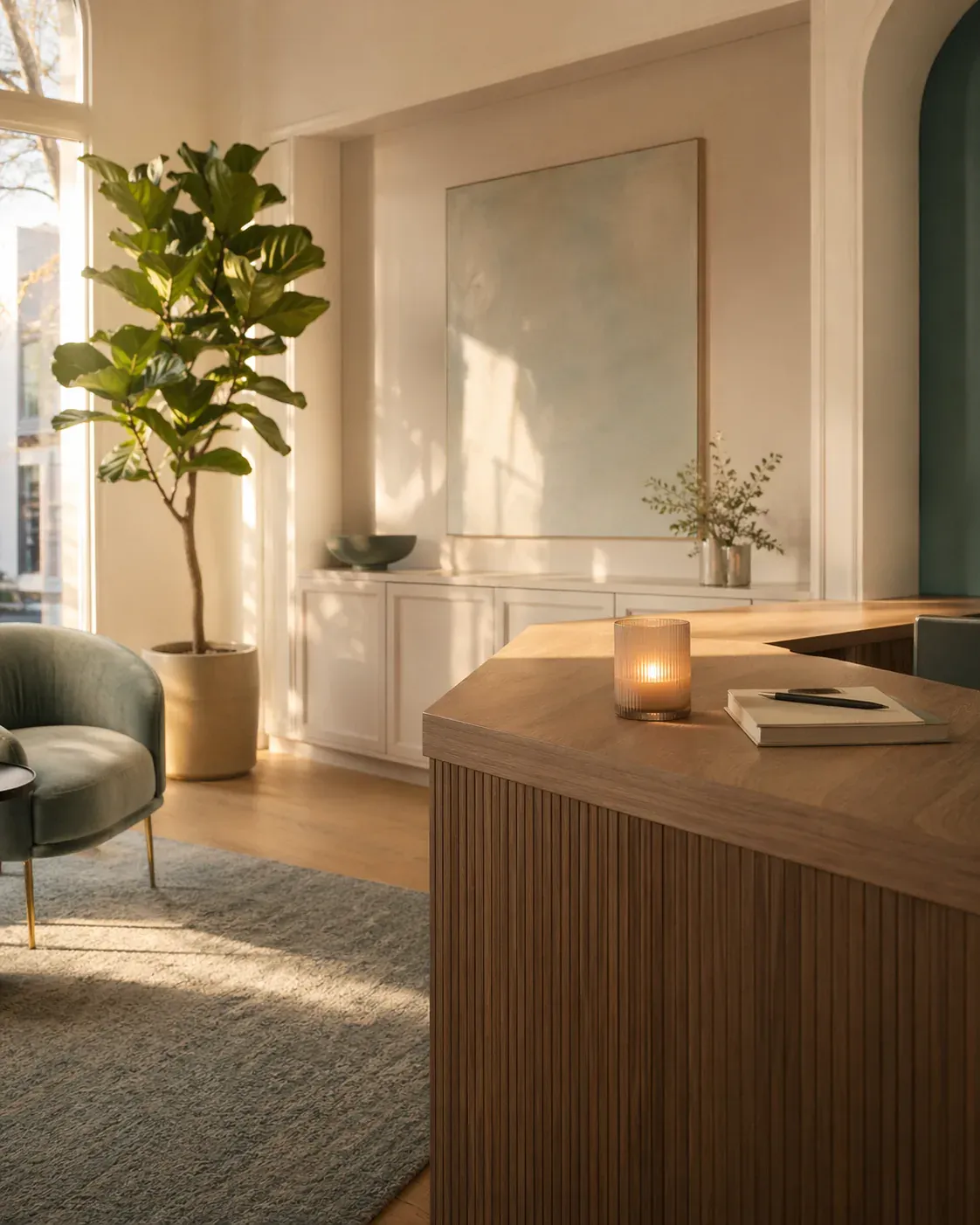 An elegant empty boutique office interior with warm oak floors, a velvet accent chair, a leafy potted fig tree by the window, and a wooden reception desk with a single lit candle