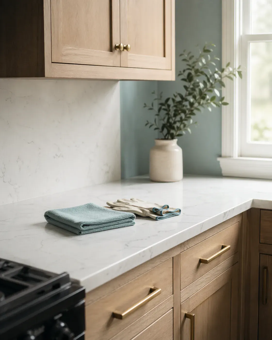 A freshly renovated kitchen corner with new pale-oak cabinets, a fresh white marble countertop, brushed-brass pulls, a folded microfiber cloth and clean canvas work gloves