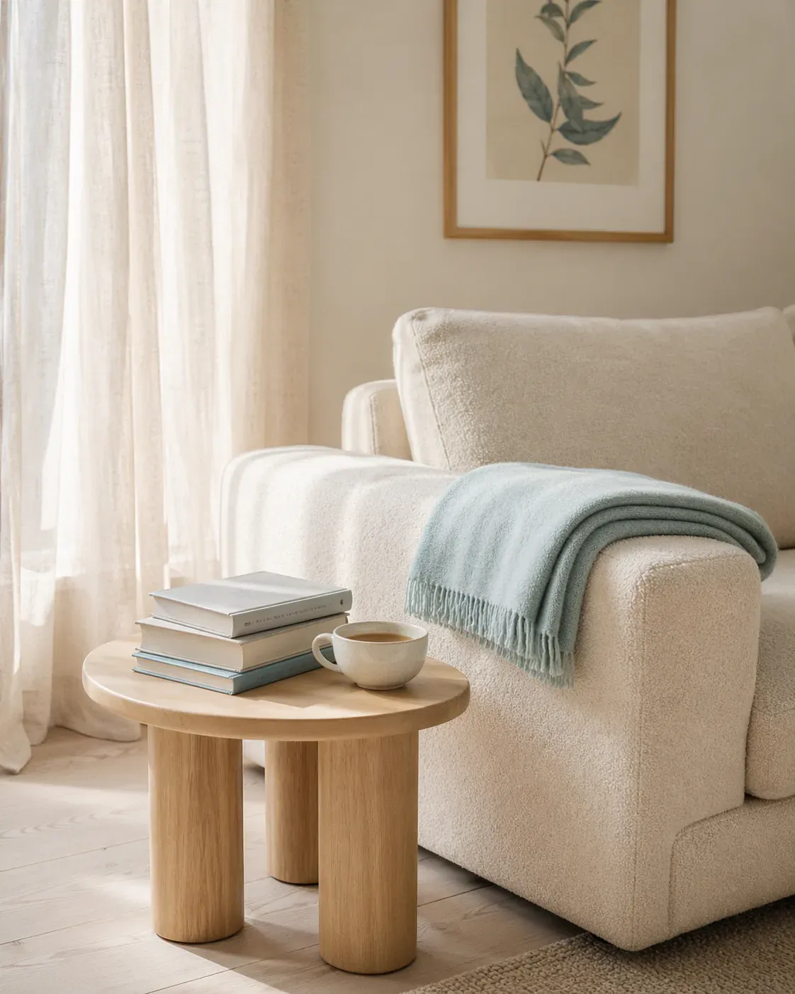 A bright modern living room corner with a cream sofa, a folded throw, a stack of design books and a ceramic cup catching morning light
