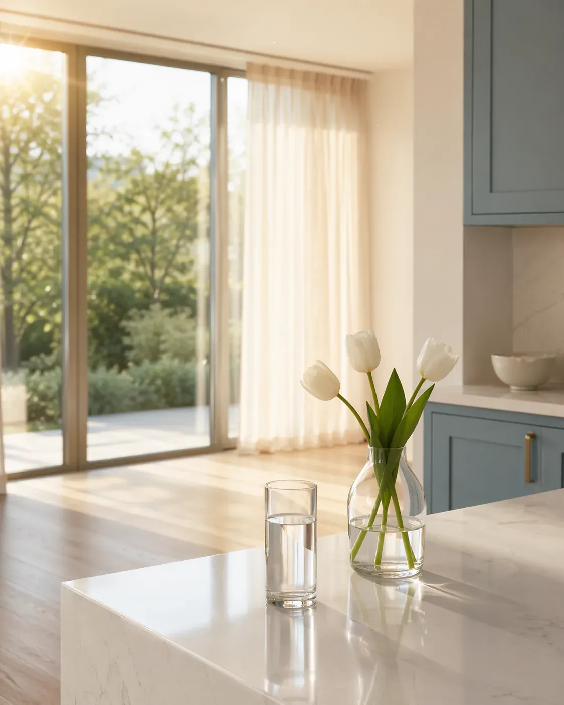 A sunlit modern kitchen with a polished quartz countertop, a single glass of water, and fresh white tulips by glass doors opening to a garden
