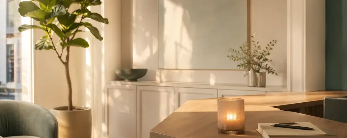 An elegant empty boutique office interior with warm oak floors, a velvet accent chair, a leafy potted fig tree by the window, and a wooden reception desk with a single lit candle