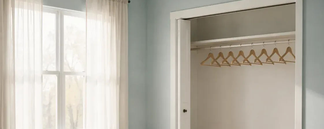 An empty, spotless modern bedroom with bare oak floors, an open closet of matching wooden hangers, and a single closed cardboard moving box in the corner