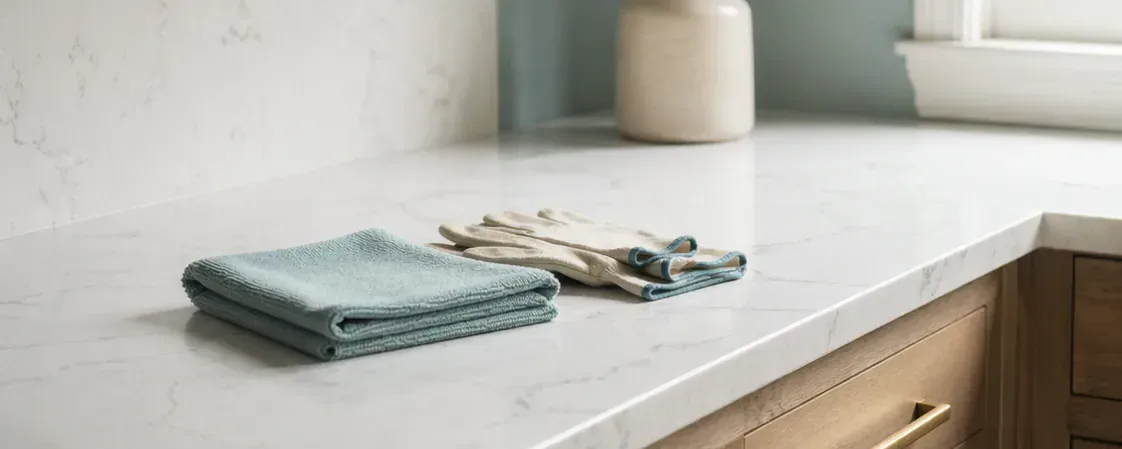 A freshly renovated kitchen corner with new pale-oak cabinets, a fresh white marble countertop, brushed-brass pulls, a folded microfiber cloth and clean canvas work gloves